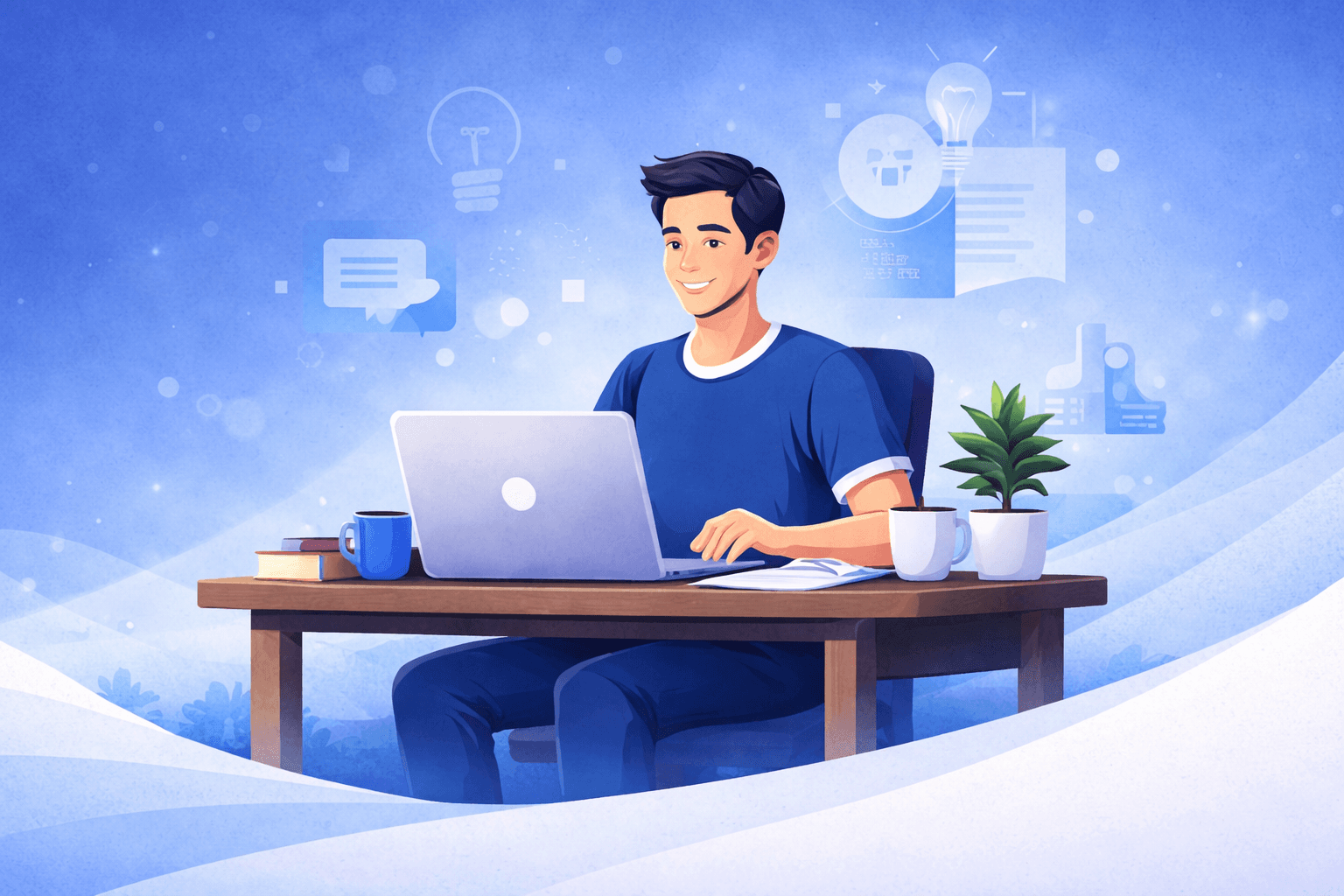 Student working on laptop illustration